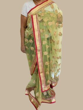 Lime Green Pink sheer Net Saree Gold Buti Wedding indian saree mehndi sangeet